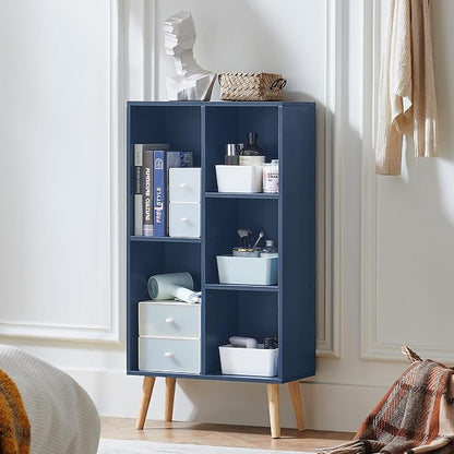 LEYAOYAO 5 Cube Bookshelf 3-Tier Bookcase with Legs,Mint Dark Blue Kids Book Shelf Cute Storage Organizer,Free Standing Open Toy Shelves Wood Bookshelves,Display Bookcases for Bedroom,Living Room