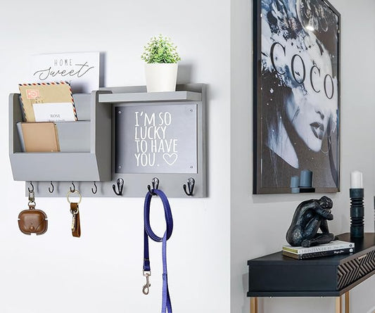 Key Holder for Wall - Mail Holder Organizer Wall Mount with Shelf - Hanging Key Rack Hanger with Hooks Decorative for Home Letter Dog Leash Entryway Living Room Decor