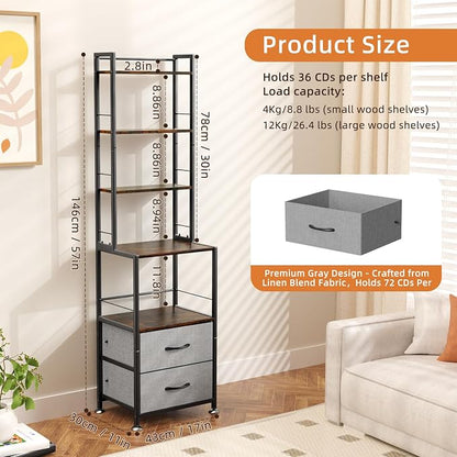 DVD Storage, Mutli 7-Tier DVD Storage Rack and Shelving, DVD Dispaly Shelf, CD Rack Tower for DVDs CDs Book Organizer with Drawers, Media Shelf, Manga Bookshelf for Gaming Media Moive Room