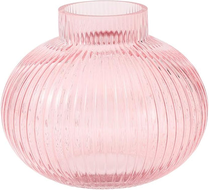 Pink Glass Vase for Tulips, Ribbed Glass Vase for Flowers, Round Flower Vases, Small Short Vases for Living Room, Office, Coffee Table, Shelf, Wedding, 6 Inches