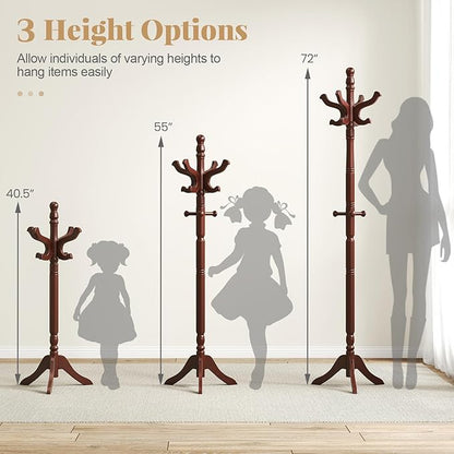 Tangkula Coat Rack Freestanding, Solid Rubber Wood Coat Tree with 11 Hooks and 3 Height Options for Coats, Hats, Bags, Purses, Clothes, Hanger Stand for Entryway Hallway Bedroom Office (Reddish Brown)