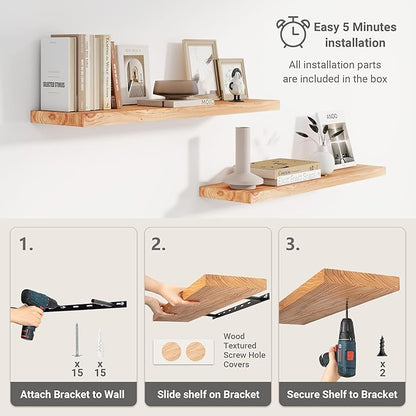 Vivelove Floating Shelves for Wall Solid Elm Wood, 24 Inches Long Rustic Wall Shelf with Invisible Bracket for Living Room Bedroom Bathroom Office Book, Farmhouse Wall Decor, Set of 2 - Natural