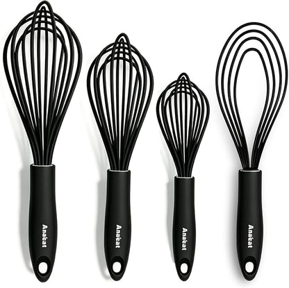 Anaeat Silicone Kitchen Whisk Set of 4, Perfect for Non-Stick Cookware, Egg Beater Milk Blender for Whisking, Cooking, Baking, Beating - 11'' Flat Whisk and 9''+11''+12'' Balloon Whisks (Black)
