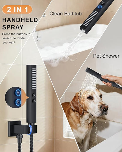 Shower System with Tub Spout, Wall Mounted Bathtub Shower Faucet Set, 12" Rainfall Shower Head and Handheld Shower Combo, High Pressure Shower Fixtures Set with Rough-in Valve, Matte Black