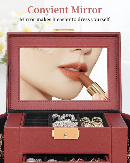 TORIBIO Jewelry Box for Women, Leather Jewelry Organizer with Mirror & Lock, 3-Tier Jewelry Storage Organizer with 2 Drawers for Girls/Women/Mothers, Necklace Earring Bracelets Holder Organizer