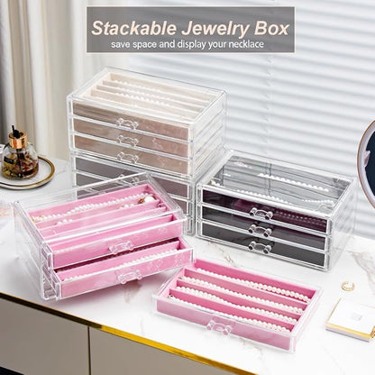 YUFONG Necklace Holder Organizer, Dustproof Necklace Box Velvet Necklace Organizer Box with Lid Clear Acrylic Dustproof Stackable Jewelry Displays for Necklaces Chain Display (Black, 3 Drawer)