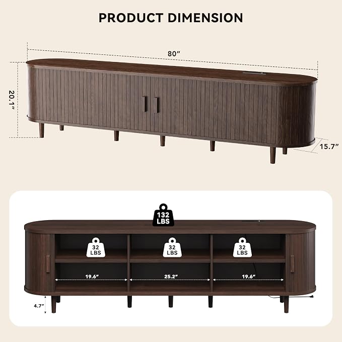 80" Mid Century Modern TV Stand with Power Outlet, Fluted Entertainment Center with Storage and Adjustable Shelves, Wood TV Console with Sliding Doors for Living Room, Walnut