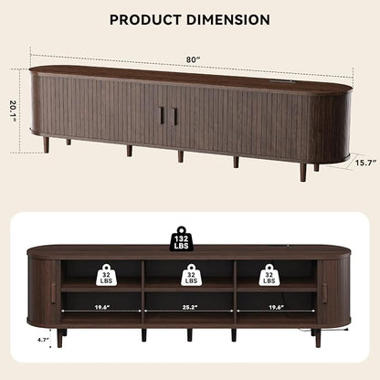 80" Mid Century Modern TV Stand with Power Outlet, Fluted Entertainment Center with Storage and Adjustable Shelves, Wood TV Console with Sliding Doors for Living Room, Walnut