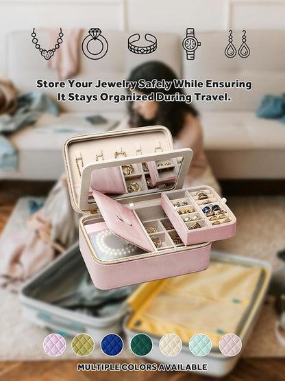Velvet Travel Jewelry Box with Large Mirror, Double-Layer Jewelry Organizer Case for Women and Girls, Portable Storage Case with 6 Anti-Tarnish Bags Gift Ready for Her (Blush Pink)