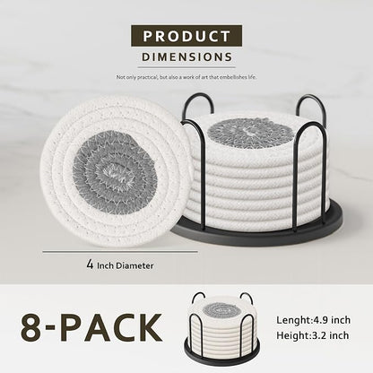 Lazebox Coasters Set of 8 for Drinks, 4 Inch Large Coasters for Coffee Table, Tabletop Protection for Hot & Cold Drinks, Versatile Coasters for Home Decor, Non-Slip & Easy to Clean, White with Grey