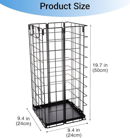 Umbrella Stand, Umbrella Holder for Entryway, Large Metal Foldable Umbrella Rack Organizer Freestanding, with Water Tray and Hooks, Rectangular Hollow Rack 9.5 x 9.5 x 19.7 Inches (Black)