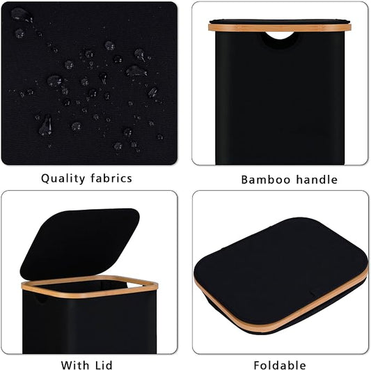 100L Laundry Hamper with Lid, Lagre Basket with Bamboo Handles,Foldable Clothes Hamper Tall Dirty Laundry Basket for Clothes Toys Towels Organizing,Black
