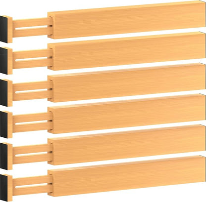 Bamboo Drawer Dividers 6 Pack - Adjustable 16-22 Inch Spring Loaded Deep Drawer Organizer Separators, 2.6 Inch High Non Slip Bamboo Dividers for Kitchen, Dresser, Clothes, Utensils, Bathroom, Office