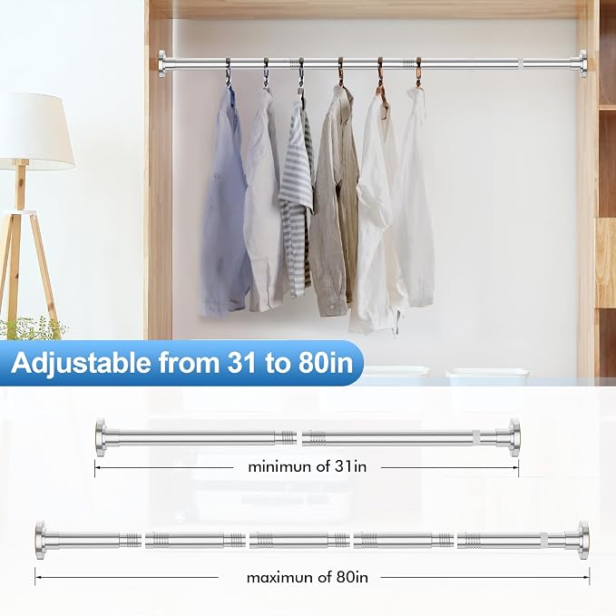 CorkLatta Chrome Shower Curtain Rod 31 to 80 Inch,1 Inch Diameter Adjustable Spring Tension Curtain Rod No Drilling Stainless Steel Telescoping Rod,No Rust