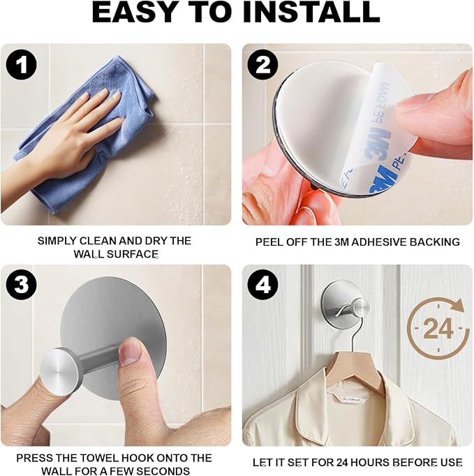 Towel Hooks for Bathroom (4 Pack) Adhesive Towel Hook Shower Hooks for Inside Shower - Sticky Bathroom Wall Hooks for Hanging Towels, Robe, Loofah, Bath Sponge (Style 2 - Silver)