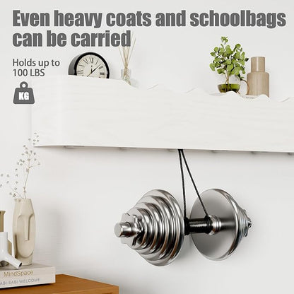 Coat Rack Wall Mount with Shelf 8 Hidden Hooks Modern Wooden Key Holder Entryway Organizer for Hallway Bedroom Bathroom Home Decor Storage for Hanging Coats Hats Bags Towels, Wave-Shape White