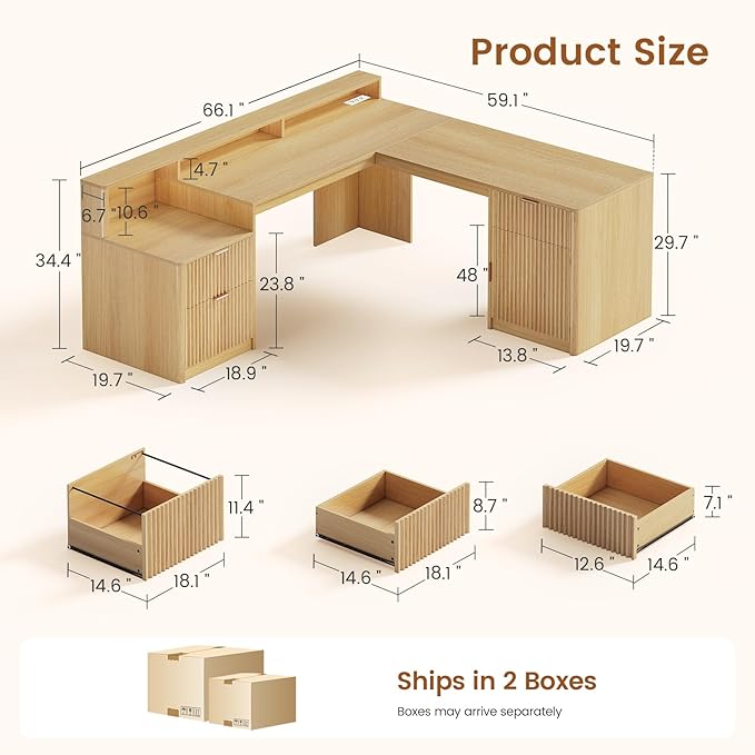 SEDETA 66" Modern L Shaped Desk with Drawers, Fluted Home Office Desk with File Cabinet and Printer Shelf, Wood Executive Desk with Monitor Stand, Power Outlets, Led Lights, Oak
