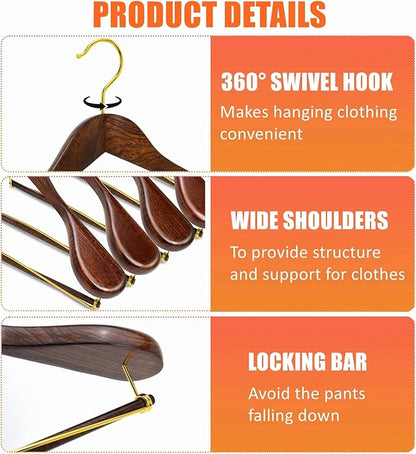 Amber Home 6 Pack Retro Wooden Suit Hangers with Gold Hook, Vintage Wide Shoulder Suit Hangers with Gold Pants Locking Bar, Wood Jacket Clothes Hangers for Sweater, Pants, Heavy Clothes