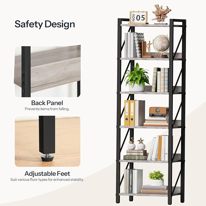 HOOBRO Bookshelf, 6-Tier Industrial Bookcase, Book Shelf Storage Organizer, Tall Bookshelf with Metal Frame for Living Room, Bedroom, Home Office, Kitchen, Greige and Black BG72SJ01