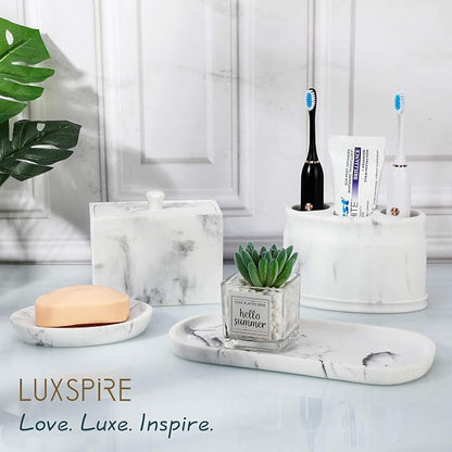 Luxspire Soap Dish 2 Packs, Resin Soap Tray Soap Holder Container Box, Marble Pattern Oval Soap Plate Case, Sponge Dish Scrubbers Tray Holder for Bathroom Vanity Shower Kitchen Sink, Gravel White