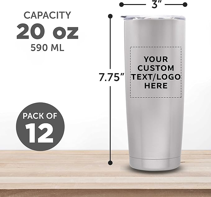 Custom Pipette Stainless Steel Coffee Tumblers 20 oz. Set of 12, Personalized Bulk Pack - Double Wall, Perfect for Coffee, Hot Cocoa, Other Hot & Cold Beverages - Silver
