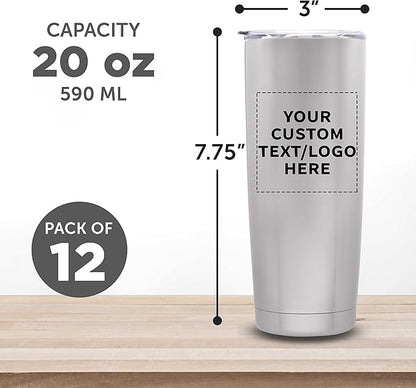 Custom Pipette Stainless Steel Coffee Tumblers 20 oz. Set of 12, Personalized Bulk Pack - Double Wall, Perfect for Coffee, Hot Cocoa, Other Hot & Cold Beverages - Silver