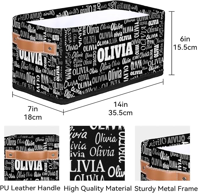 Custom Storage Baskets for Decor with Name, Small Organizer Collapsible Storage Bin with Leather Handle, Toilet Tank, Towel Storage, Entryway, Black