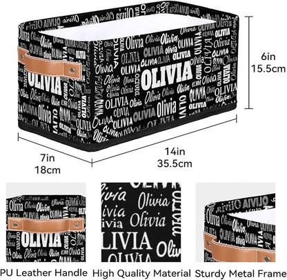 Custom Storage Baskets for Decor with Name, Small Organizer Collapsible Storage Bin with Leather Handle, Toilet Tank, Towel Storage, Entryway, Black