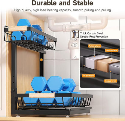 Sevenblue 2 Packs Under Sink Organizer, Height Adjustable 2 Tier Under Kitchen Sink Organizer, Multi-Purpose Storage Shelf for Kitchen Bathroom Cabinet (Black, Large)