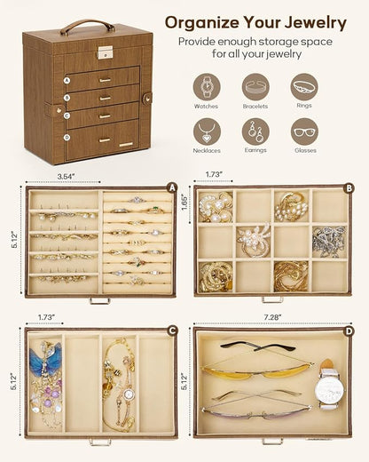 Homde Mothers Day Gifts Synthetic Leather Huge Jewelry Box Mirrored Watch Organizer Necklace Ring Earring Storage Lockable Gift Case (Brown + Gold)