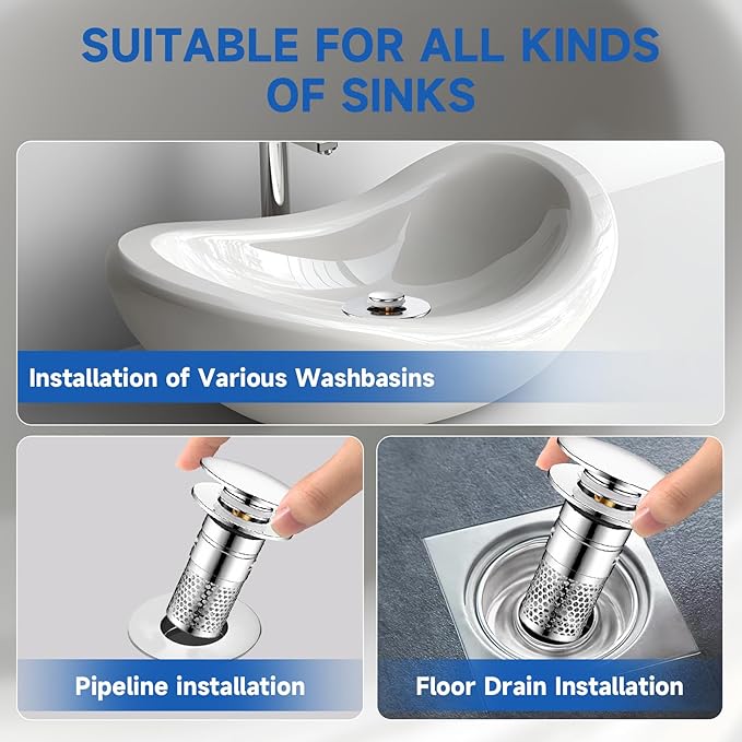 Universal Bathroom Sink Stopper Hair Catcher, Pop-up Sink Drain Strainer with Removable Stainless Steel Strainer Basket, Bathroom Sink Strainer for Bathroom Sink Stopper Replacement (2pack)
