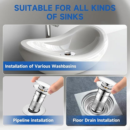 Universal Bathroom Sink Stopper Hair Catcher, Pop-up Sink Drain Strainer with Removable Stainless Steel Strainer Basket, Bathroom Sink Strainer for Bathroom Sink Stopper Replacement (2pack)