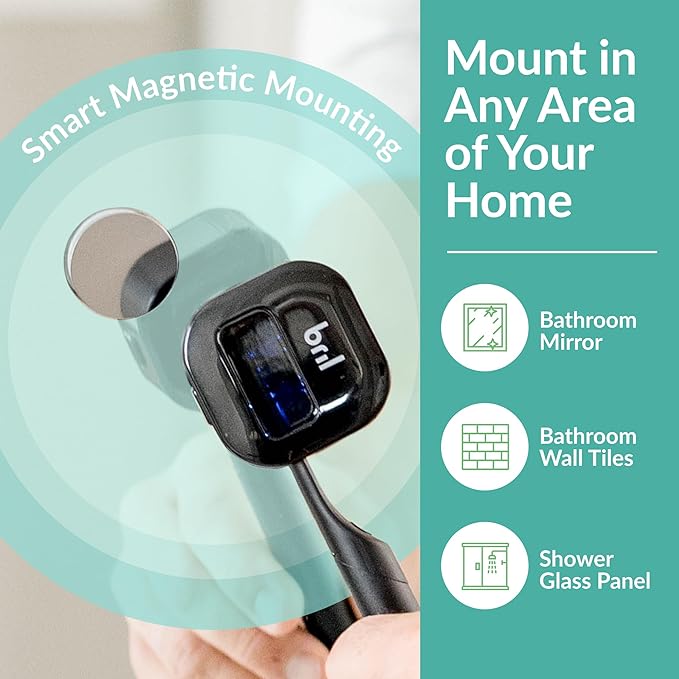 Bril UV-C Toothbrush Sanitizer and Holder – Wall Mounted, Rechargeable, 30-Day Battery, Magnetic Mount, Fits Electric and Manual Brushes, Portable Travel Case, Auto-Shutoff – Black