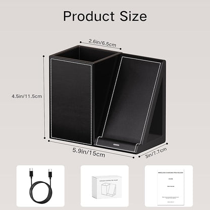 Pen Organizer with Phone Stand,Black Vegan Leather Desk Organizers with Remote Control Holder,Pencil Holder for Desk,Desk Organizer with Phone Charger for Office/Nightstand/Endtable