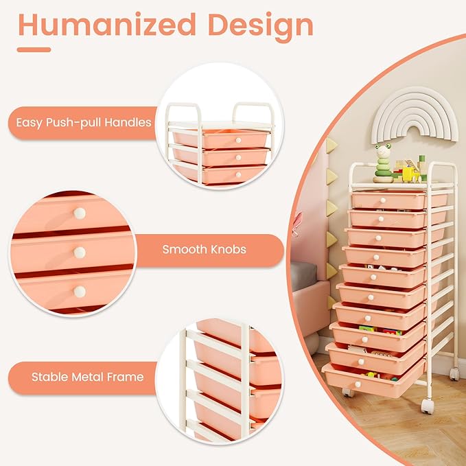 RELAX4LIFE 10 Drawer Rolling Cart - Slim Storage Cart w/Lockable Wheels for Classroom School Teacher Office, Art Supplies Paper Scrapbook Craft Organizers, Utility Cart with Drawers (Peach Pink)