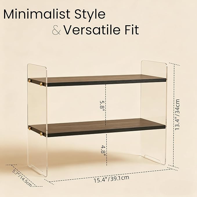 Coffee Station Organizer 2 Tier, Solid Wood Mug Shelffor Coffee Bar,Matcha Station,Tea Storage - Holds Mugs,Beans,Syrup,Cups,Tirrers (Black Wood Grain, 15.4" L x 5.7" W x 13.4" H)