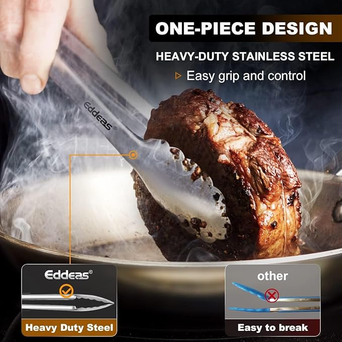 Eddeas 2PCS 9inch Tongs for Cooking - Heat Resistant 600 Degree Kitchen Tongs, Heavy Duty All Metal Food Tongs, Stainless Steel and Non-Slip handle, Salad, Grilling, Barbecue, Dishwasher safe