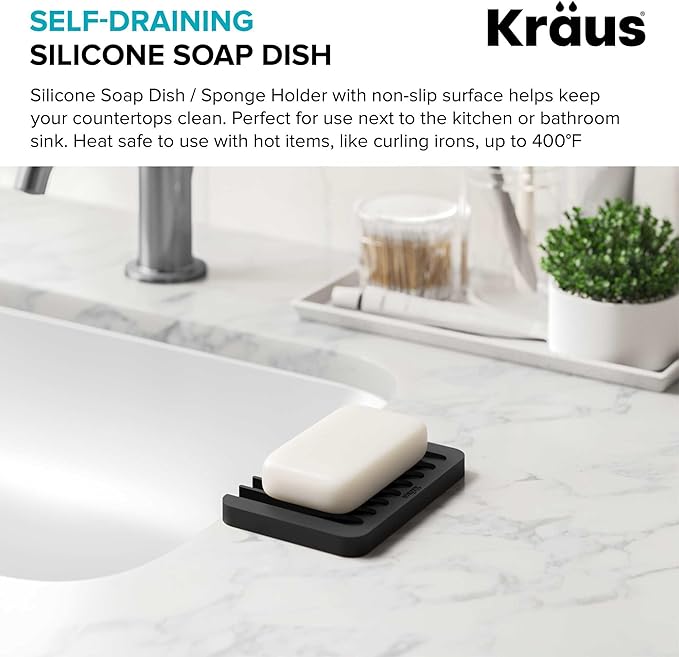 KRAUS Multipurpose Self-Draining Silicone Soap Dish/Sponge Holder for Bathroom or Kitchen Counter in Black, KDM-05BL