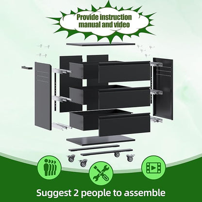 Aobabo Garage Storage Cabinet with 3 Drawers and 4 Hooks,Metal Storage Cabinet with Wheels for Garage Home,Required Assembly,Black,18.11" D x 30.3" W x 35.4" H