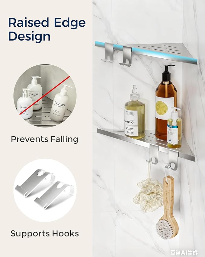 Corner Shower Shelf 10'', 304 Stainless Steel Corner Shelf 2 Pack, Grout in Bathroom Shelves for Tiled Wall, Recessed Shower Shelves Caddy with 4 Hooks, No Drilling (Brushed Nickel)