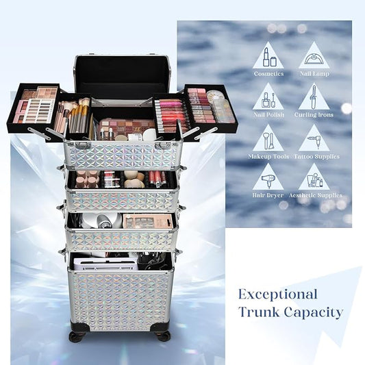Stagiant Rolling Makeup Case Cosmetology Case on Wheels 4 in 1 Large Cosmetic Organizer Train Case Makeup Travel Case with Key Nail Artist Salon Storage Traveling Cart Big Trunk Shiny Silver