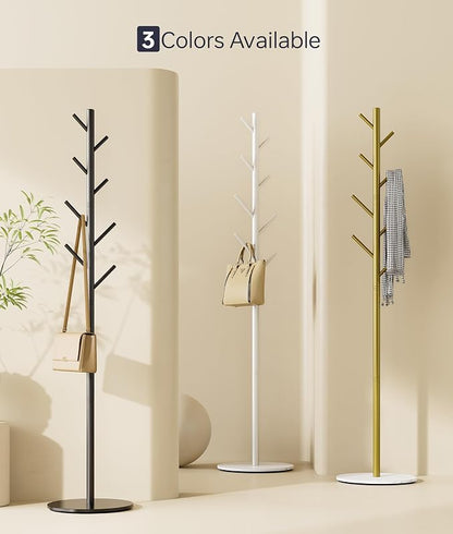 Coat Rack with 8 Hooks, 3 Adjustable Heights, Modern Hall Tree, Sturdy Metal Clothes Stand with Sintered Stone Base for Entryway, Office, Bedroom, for Coats, Hats, Handbags and Scarves, Gold