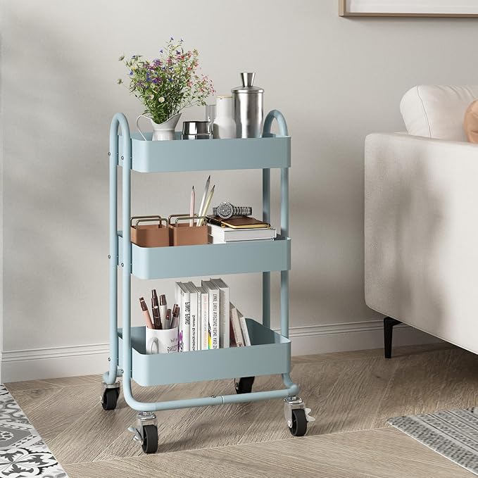 Metal Rolling Cart,3-Tier Metal Rolling Cart with Wheels,3 Tier Utility Cart with Wheels for Office,Home,Kitchen,Garden（13.4"x18.1"x31"） Blue