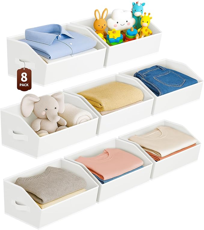 Homsorout Large Closet Organizers and Storage Bins - 8 Pack Trapezoid Storage Baskets for Shelves, Foldable Fabric Baskets with Handles Ideal for Closet, Basket, Wardrobe and Shelf Storage, White