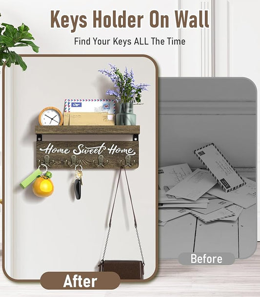 buways Wall-Mounted Key and Mail Holder, Wooden Key Rack with 4 Double Key Hooks, Rustic Home Decor for Entryway