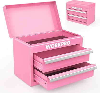 WORKPRO Mini Metal Tool Box with 2 Drawers and Top Storage, Small Tool Chest with PVC Liners and PP Feet Pads, Cold Rolled Steel Toolbox with Magnetic Tab - Pink Ribbon