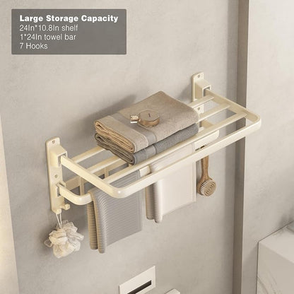 VOLDRA Towel Racks for Bathroom, 24-Inch Towel Shelf with Towel Bar Foldable Towel Holder with 7 Hooks Towel Storage Organizer for Bathroom & Lavatory Wall Mounted(Cream White)