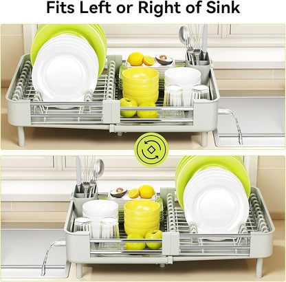 Urackify Extendable Dish Drying Rack, Dual Part Dish Drainers with Non-Scratch and Movable Cutlery Drainer and Drainage Spout, Adjustable Dish Rack for Kitchen, Gray & White
