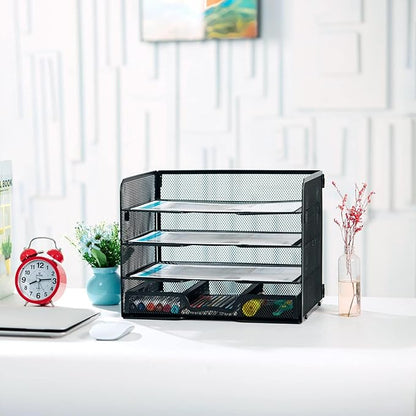 SETTFRFE 4 Tier Mesh Paper Letter Tray,Desk File Organizer with A Sliding Drawer,Office Supplies Desk Organizer for Home Office,Black.