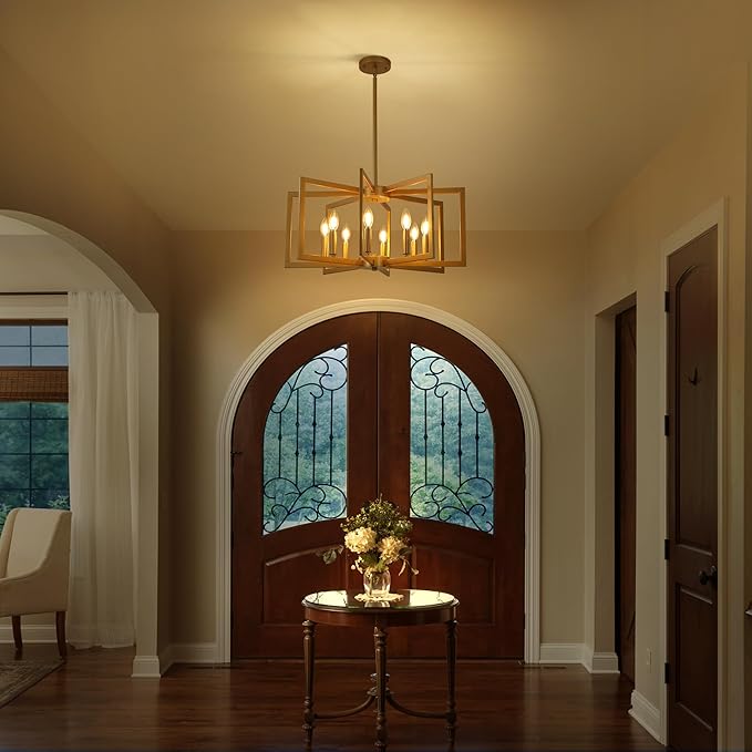 8-Light Modern Farmhouse Gold Geometric Chandelier, Large Industrial Metal Kitchen Light Fixtures, Rustic Cage Hanging Lights for Dining Room Entryway Foyer Living Room Stairway